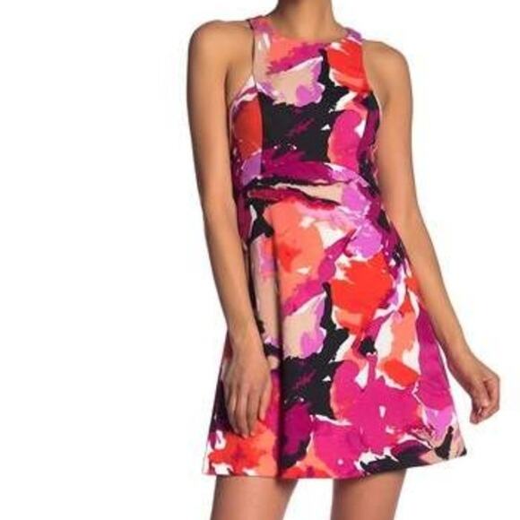Trina Turk Robles Watercolor Art Sleeveless Halter Style Mini Dress 2 Pink Black - Picture 1 of 15